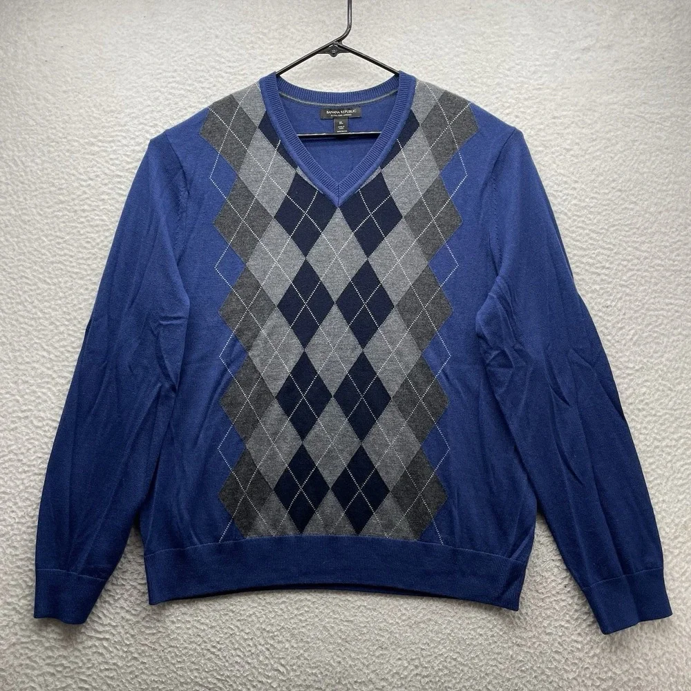 Banana Republic Sweater Mens XL Extra Fine Merino Wool Argyle Lightweight Preppy
